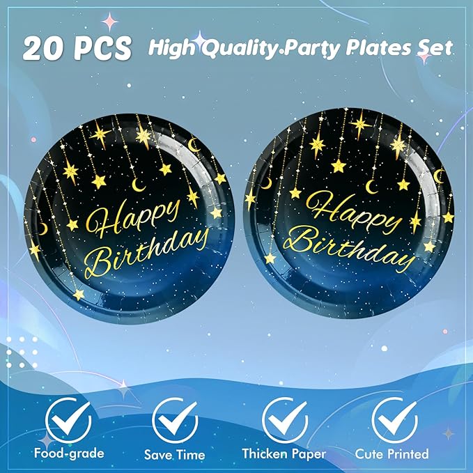 41Pcs Happy Birthday Party Decorations, Galaxy Night Party Tableware Set Includes 20 Plate 20 Napkins and 1 Tablecloth, Blue Starry Sky Birthday Theme Party Supplies for Mens Women Party Favors