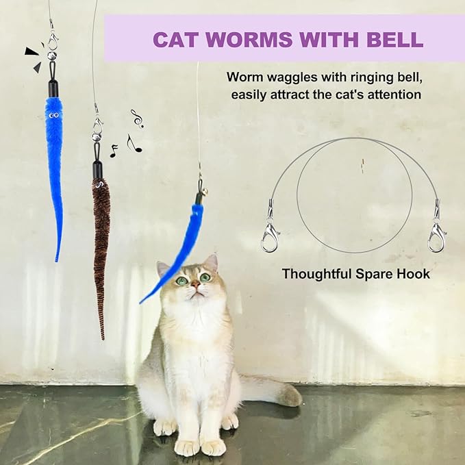 11PCS Cat Wand Toy, Cat Toys Interactive for Indoor Cats, 2 Retractable Cat Wand, 7 Worm Cat Teaser Toys and 1 Plush Fish Cat Toy, Cat Feather Toys for Play Chase Exercise with Kitten, Extra 1 Line