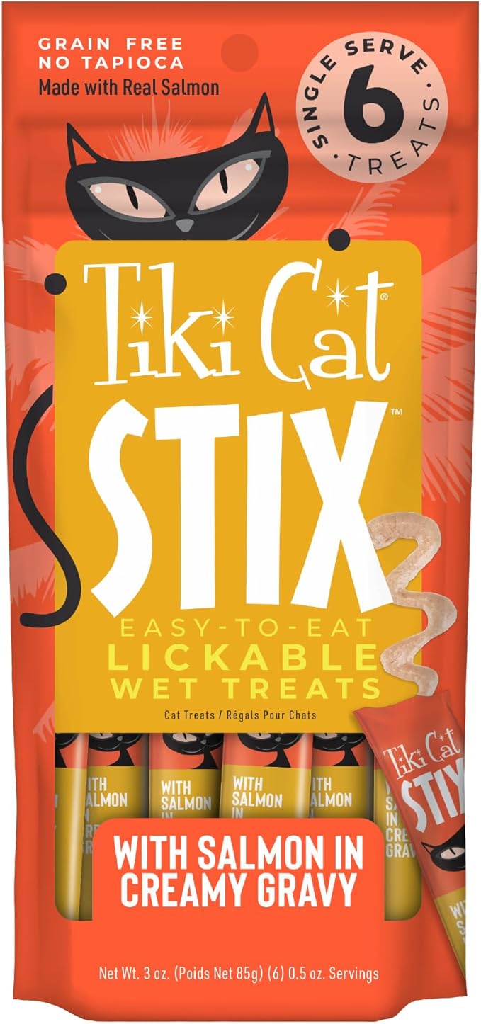 Tiki Cat Stix Mousse Treats, Single Serve Indulgent Lickable Treat or Dry Food Topper, with Salmon in Creamy Gravy, 3 oz. Pouch (Pack of 6)