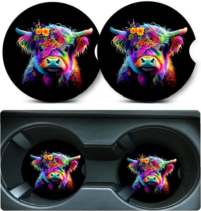 Car Coasters for Cup Holders,2 Pack Highland Cow Car Cup Holder Coasters,2.75" Universal Size Anti Slip Rubber Mat,Automotive Cup Holder Decal Decor Accessories,Cow Gifts for Women,Men,Mom,Her