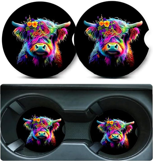 Car Coasters for Cup Holders,2 Pack Highland Cow Car Cup Holder Coasters,2.75" Universal Size Anti Slip Rubber Mat,Automotive Cup Holder Decal Decor Accessories,Cow Gifts for Women,Men,Mom,Her
