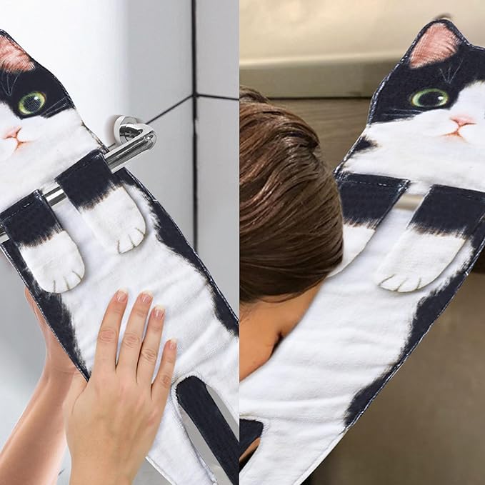 Cat Funny Hand Towels for Bathroom Kitchen - Cute Decorative Cat Decor Hanging Washcloths Face Towels Super Absorbent Soft - Housewarming Birthday Christmas Fun Gifts for Women Cat Lovers - Blackwhite
