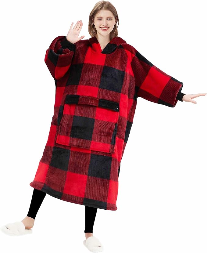 KFUBUO Wearable Blanket Hoodie for Adult Long Sherpa All Patterns Red Plaid Oversized Hoodie Sweatshirt Blanket Christmas Gift Ideas