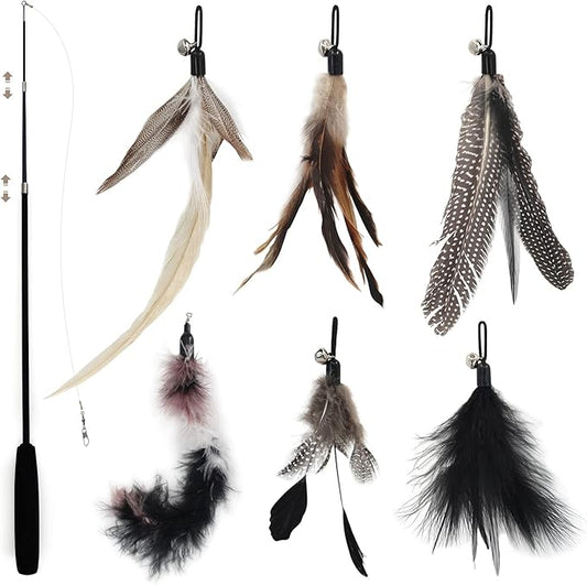 SONGWAY Interactive Cat Feather Toys - 7 Pcs Cat Toy Set, Retractable Cat Wand Toy, Teaser Refills Worm Bird Feathers with Bell, Cat Teaser Toys for Indoor Cats Kitten Play Chase Exercise, Black
