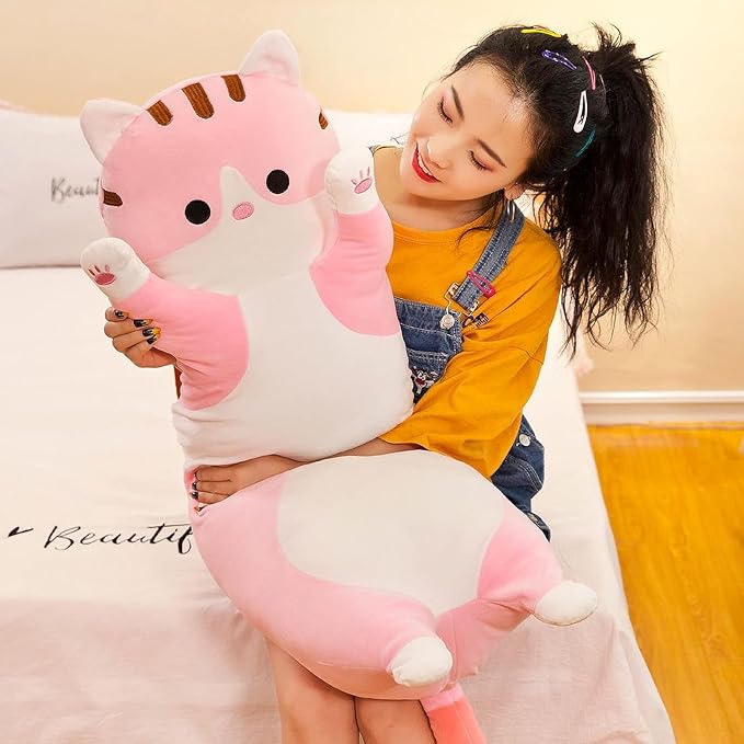 Long Cat Plush Pillow Soft Cat Body Pillow, Long Cat Stuffed Animal Cotton Kitten Sleeping Throw Pillow Gift for Kids Girlfriend(110CM,Pink)