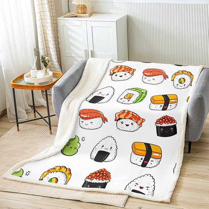 Sushi Pattern Blanket Japanese-Style Fleece Blanket for Bed Couch Sofa Kids Kawaii Food Theme Throw Blanket Cute Japanese Sushi Plush Sherpa Throw Blanket Room Decor Air Conditioning Baby 30"x40"