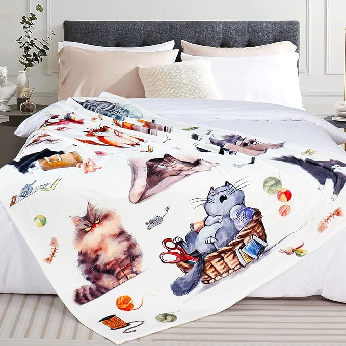 Cat Throw Blanket Cute Cats Bed Blanket for Cat Lovers Animal Print Blankets Super Soft Flannel Fleece Blankets Cozy Fuzzy Plush Throw Blanket for Couch Chair