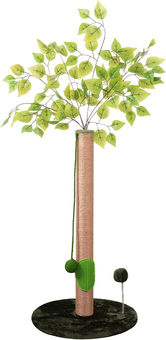 40" Tall Cat Scratching Post for Kitten and Large Cats, Durable Scratching Post for Indoor Cats with Self-Grooming Rubber Brush, Cat Sisal Post with Simulated Leaves