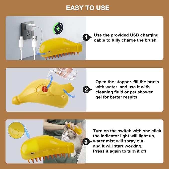 3in1 Cat Steam Brush,Multifunctional Rechargeable Cute Steamy Pet Brush for Short Or Long Hair Cats/Dogs To Massage/Clean/Eliminate Flying&Tangled Hair With USB Cable-Yellow Banana
