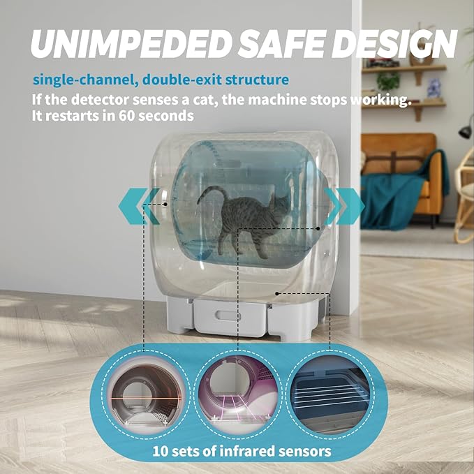101L Automatic Cat Litter Box Self Cleaning Large Dual Exit Robot Litter Box with Automatic Cleaning for Large Cats, Odor Control, Low Noise, Scoop-Free 10 Days, No App, Pet Activity Structure
