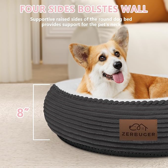 30in Round Cat Dog Bed for Large Medium Small Dogs Cats, Machine Washable Sleeping Sofa, Non-Slip Bottom Breathable Soft Calming Pet Cuddler for Indoor/Outdoor/Car/Cage, Dark Grey