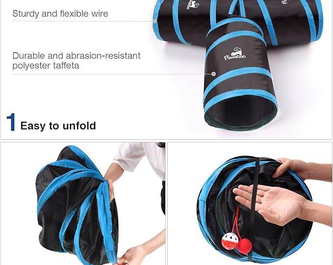 Pawaboo Cat Toys, Cat Tunnel Tube 3-Way Tunnels 25x53cm Extensible Collapsible Cat Play Tent Interactive Toy Maze Cat House Bed with Balls and Bells for Cat Kitten Kitty Rabbit Small Animal, Blue