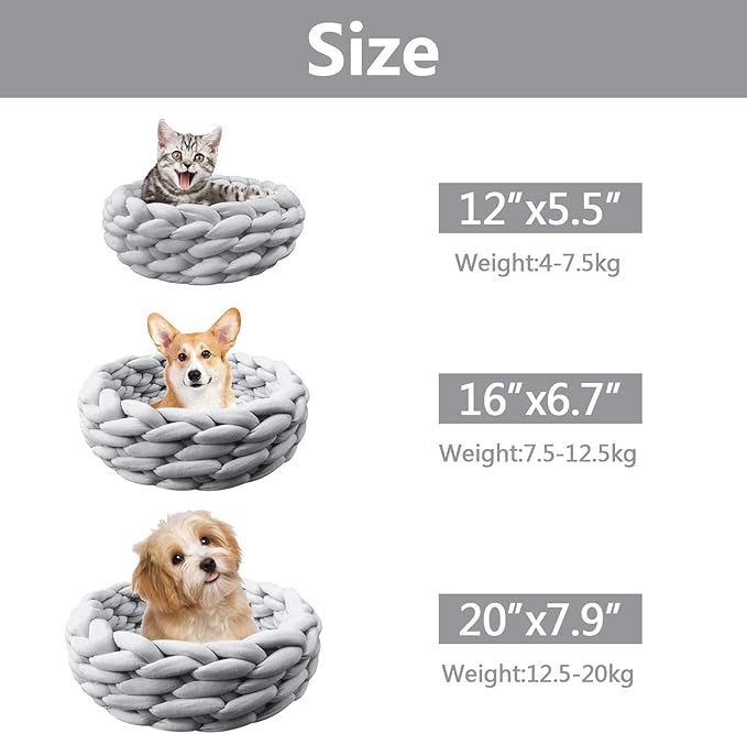 Lucky Monet Cat Basket Bed Cotton Knitted Round Pet Beds for Cats Cute Boho Cat Pet Bed Warm Woven Cat Nest for Puppy Kitten Cats Dogs (19.7", Light Gray)
