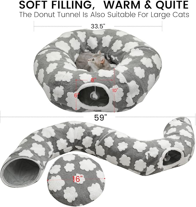 Cat Tunnel Bed for Indoor Cats,Soft Plush Peekaboo Cat Donut Tunnel with Washable Circle Cushion, Round Pet Play Tunnel Toy for Kitten Puppy Rabbit Ferret Yellow