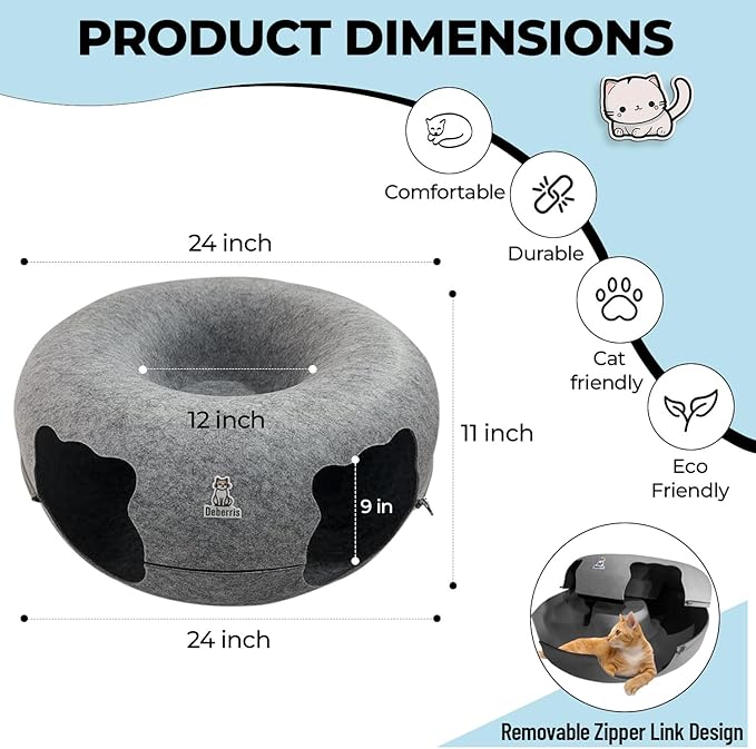Peekaboo Cat Tunnel Bed-Large, Scratch-Resistant Donut Cave for Indoor Cats Up to 30-45 lbs, Detachable & Washable Design, Perfect Cozy Play & Rest Spot for Cats and Small Dogs (Ligh Grey, Large)