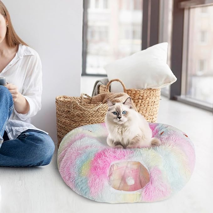 KOMUSMO Cat Tunnel Bed with Central Mat and Hanging Ball Toy, Multifunctional Large Cat Bed Cave Donut for Indoor Cats, Soft Plush Fluffy Collapsible Peekaboo Cave for Small Medium Large Cats Kittens