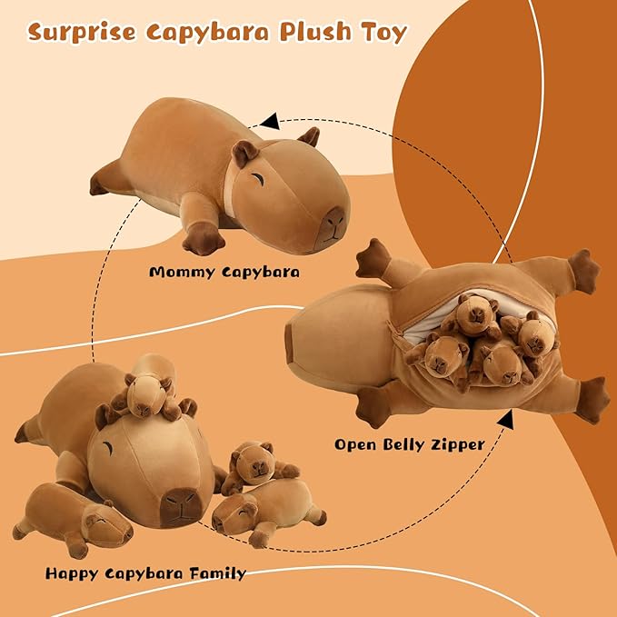 Capybara Plush Cute Capybara Stuffed Animal Pillow with 4 Baby Plushies in Her Tummy, Soft Cotton Stuffed Animals Toy Gifts for Kids