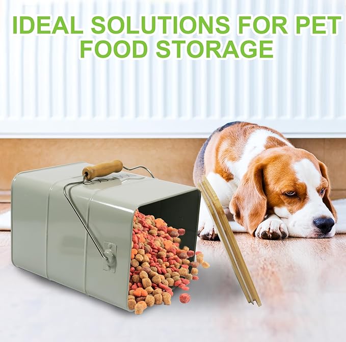 Dog Food Storage Container Dog Treats Jar, Metal Food Treats tin for Dog, pet Snacks Canisters with Wooden lid/Handle/sevice Scoop,Hold 5-6 lbs-Green
