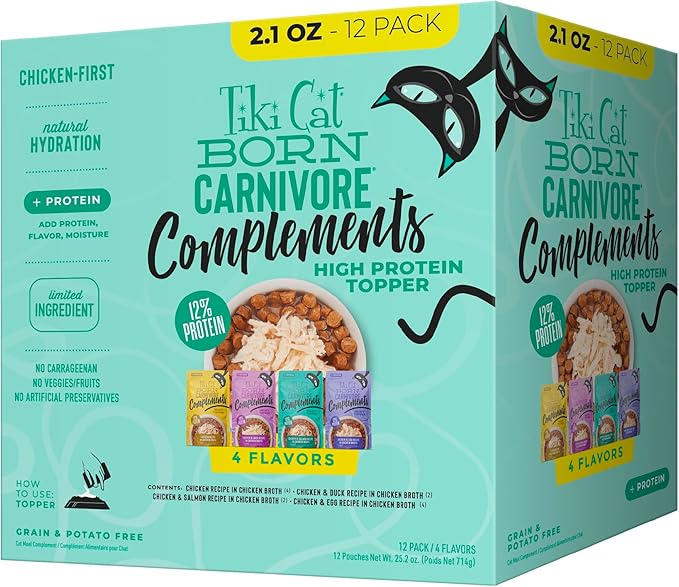 Tiki Cat Born Carnivore Complements Wet Cat Food Topper, Variety Pack 2.1 oz. Pouch (12 per Box)