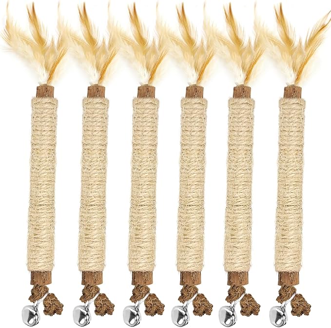 Tocirelo Kitten Teething Toys for Indoor Cats - 6Pack Silvervine Sticks Cat Enrichment Toys, Matatabi Cat Feather Toys with Bell, Cat Teeth Cleaning Treats, Cat Chew Sticks