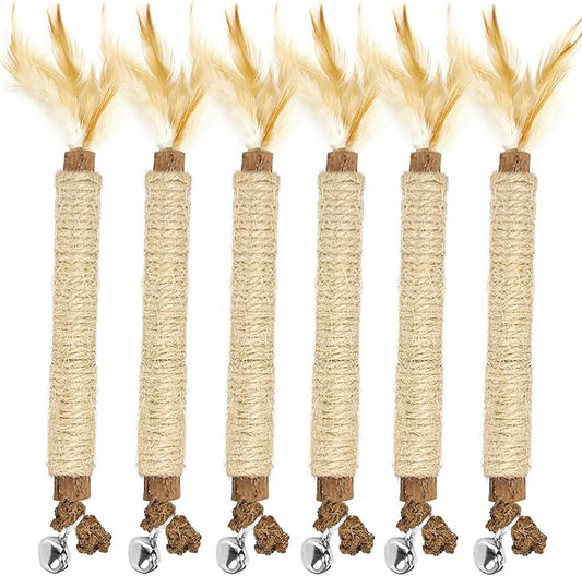 Tocirelo Kitten Teething Toys for Indoor Cats - 6Pack Silvervine Sticks Cat Enrichment Toys, Matatabi Cat Feather Toys with Bell, Cat Teeth Cleaning Treats, Cat Chew Sticks