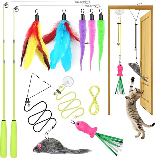 Cat Toys Interactive for Indoor Cats, 2 Retractable Cat Wand Toys, 2 Hanging Door Cat Toy with Mouse Fish, 5 Teaser Toys, Cat Feather Toys for Bored Indoor Adult Cats Kitten Stimulation Exercise Toys