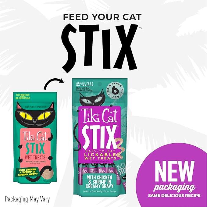 Tiki Cat Stix Mousse Treats, Single Serve Indulgent Lickable Treat or Dry Food Topper, Chicken and Shrimp in Creamy Gravy, 0.5 oz. Servings (72 Count)