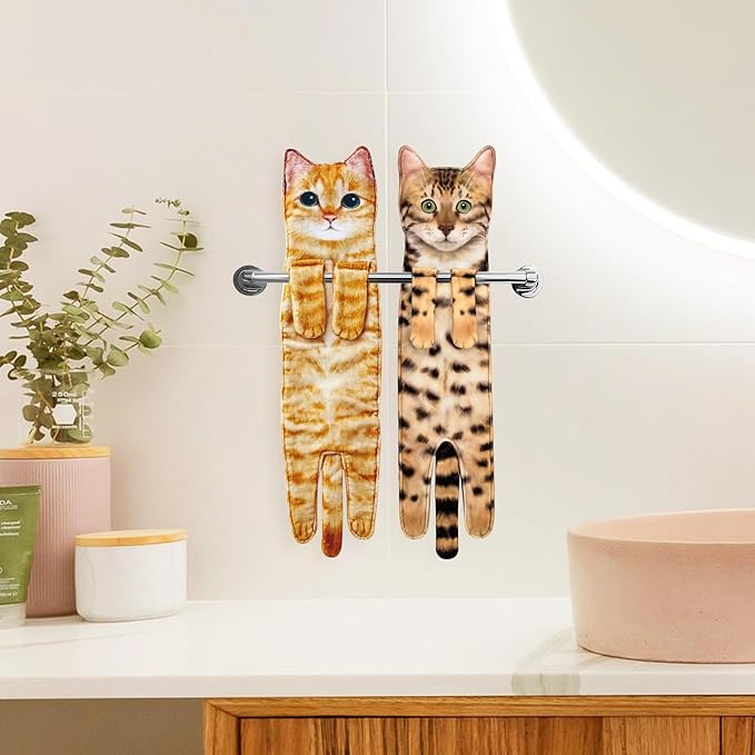 Cat Hand Towels for Kitchen Bathroom - Cute Cat Decor Gadgets - Hanging Soft Absorbent Hand Face Towel - Funny Birthday Mothers Day Housewarming Holiday Unique Gifts for Women Mom Lady Cat Lovers