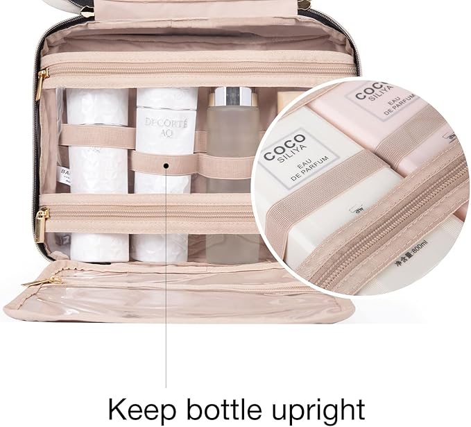 BAGSMART Toiletry Bag Travel Bag with Hanging Hook, Water-resistant Makeup Cosmetic Bag Travel Organizer for Accessories, Shampoo, Full Sized Container, Toiletries (Beige, Large)