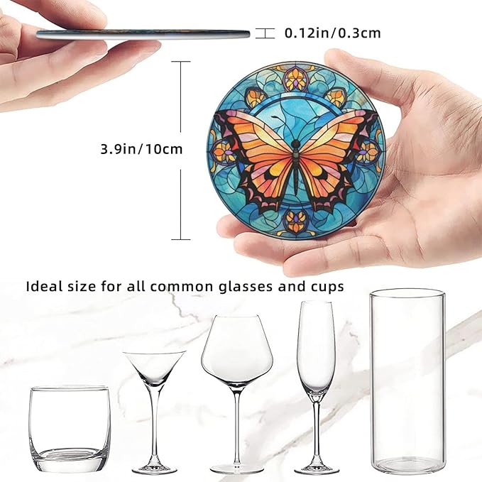 Butterfly Drink Coaster Set of 6, Butterfly Decor Gifts, Leather Drink Coasters with Holder, 6 Pack Cup/Bar/Drink Coasters for Table/Drinks/Coffee Protection Housewarming Gift (Butterfly)