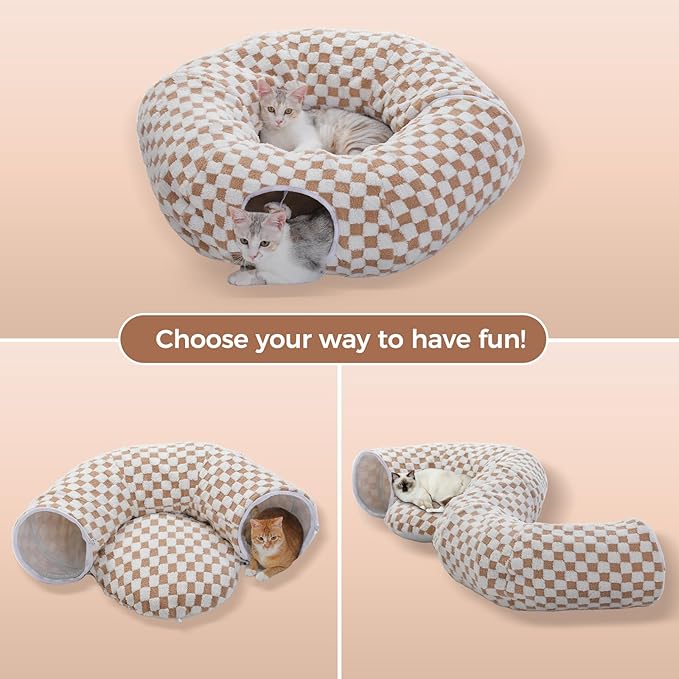 PEQULTI Cat Tunnel with Cat Bed for Indoor Cats, Cat Play Donut Tunnel with Washable Soft Plush Mat, Round Cat Tunnel Toys Cute Cat Tube for Kittens, Puppies, Rabbits and Ferrets, Brown
