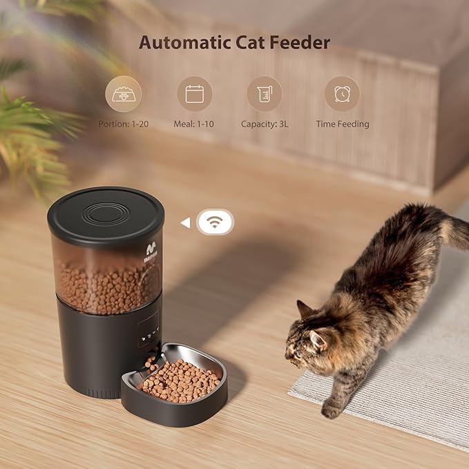 Automatic Cat Food Dispenser, WiFi Cat Feeder with APP Remote Control for Dry Pet Food, Programmable Timer, Dual Power Supply, Slow Feeder for Cats & Small Dogs