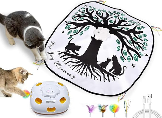 ORSDA Cat Toys for Indoor Cats 4 in 1 Interactive Automatic Cat Toys for Bored Indoor Adult Cats Kitten Toy Rechargeable 8 Hole Mice Whack-A-Mole, Hide and Seek, Moving Feather, 5PCS DIY Replacement