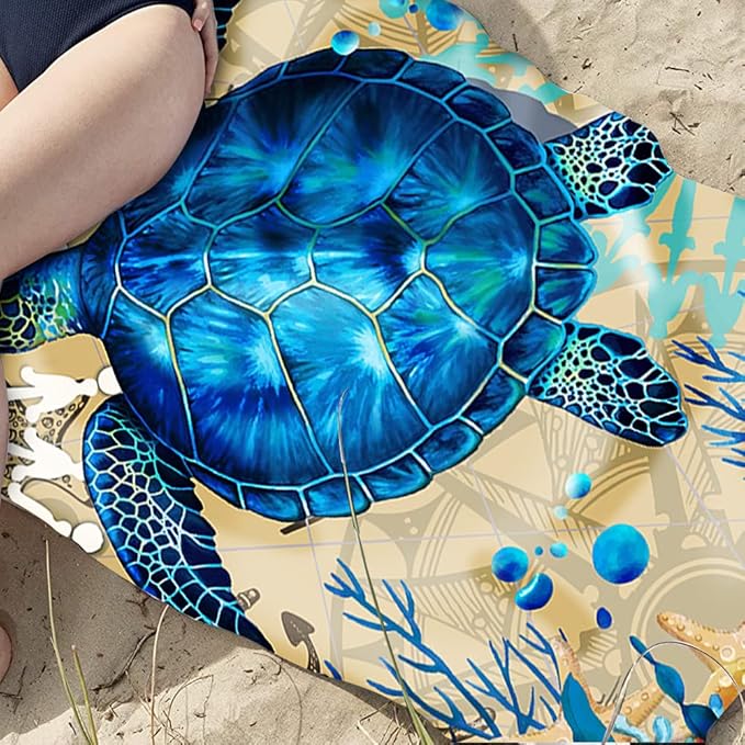 Sea Turtle Beach Towel, Cute Microfiber Bath Towel Gifts for Turtle Lovers, Funny Sand Free Quick Dry Boho Blue Travel Towels for Women Kids Yoga Sports 30" X 60"