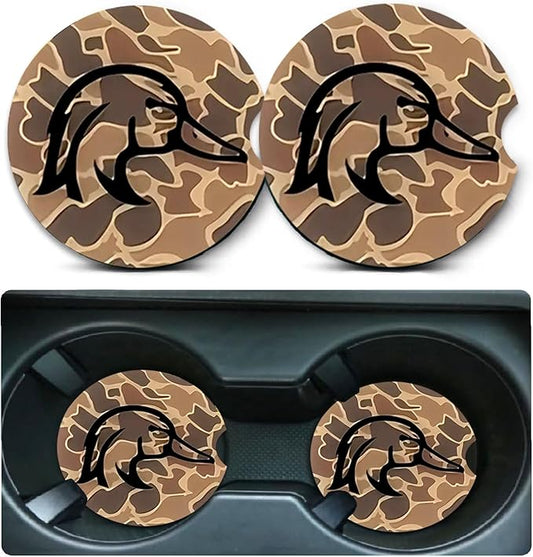 Car Coasters for Cup Holders,2 Pack Brown Camo Wood Duck Car Coasters,2.75" Universal Size Anti Slip Rubber Mat,Automotive Cup Holder Decal Decor Accessories,Gifts for Duck Lovers Women,Men,Mom