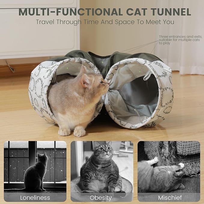 Cat Tunnel,Cat Tunnel for Indoor Cats, Collapsible Crinkle Paper Cat Play Tunnel Toys Set Anti-Scratch Cat Tunnel 9.8"*51",Cat Feather Toy Fishes for Cats, Puppy, Kitty, Kitten, Rabbit
