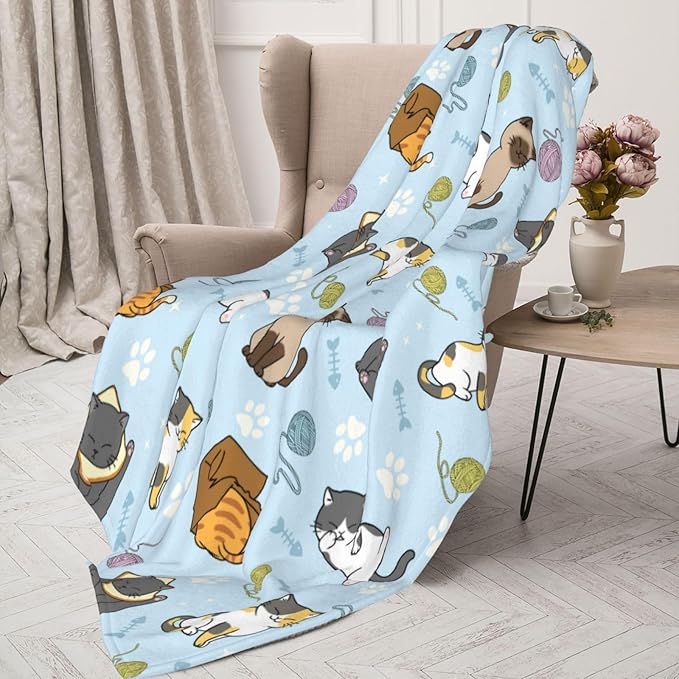 Soft Fluffy Cat Pattern Blanket, Cute Feline Design Cozy Throw Blanket for Adults Kids Pet,Lightweight Warm Plush Fleece Blanket for Couch Bed Sofa, for Cat Lovers 50"x40"