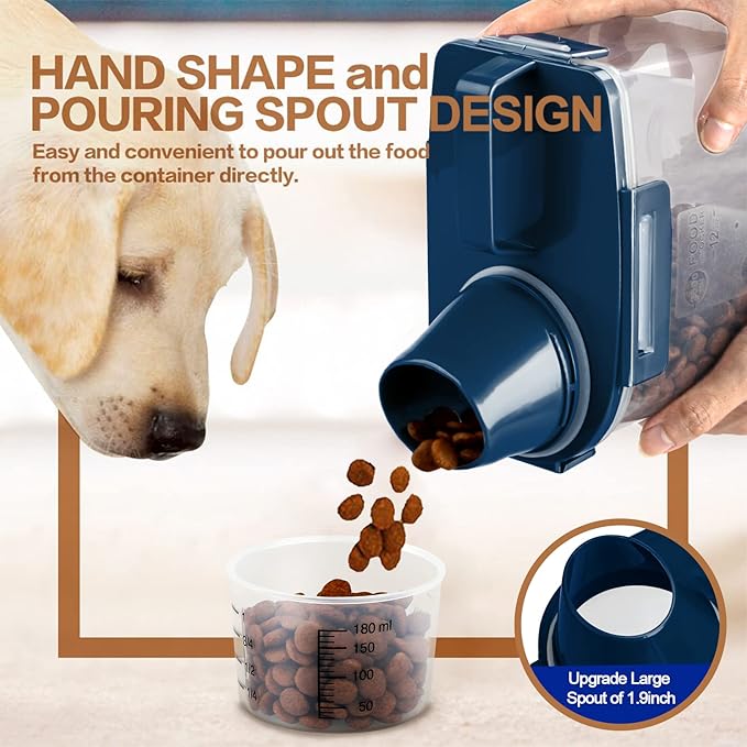 Upgraded Dog Food Storage Container Small, Cat Food Container Airtight, Pet Food Container Dispenser with Pour Spout, Measuring Cup and 4 Seal Buckles for Dogs, Cats, Birds (Blue)