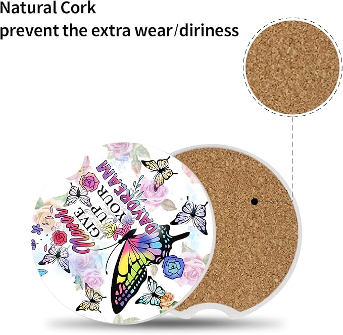 Car Coasters 2 Pack, Small 2.56" Ceramic Stone & Non-Scratch Cork Base Car Cupholder Absorbent Coaster Set for Women/Men Drink Cup Holder Coasters (Butterfl)