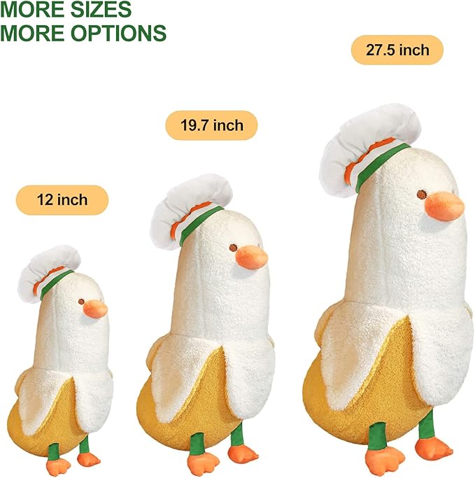 PEACH CAT Cute Banana Duck Stuffed Animal Long Banana Chef Duck Plush Pillow for Girls and Boys White 12"