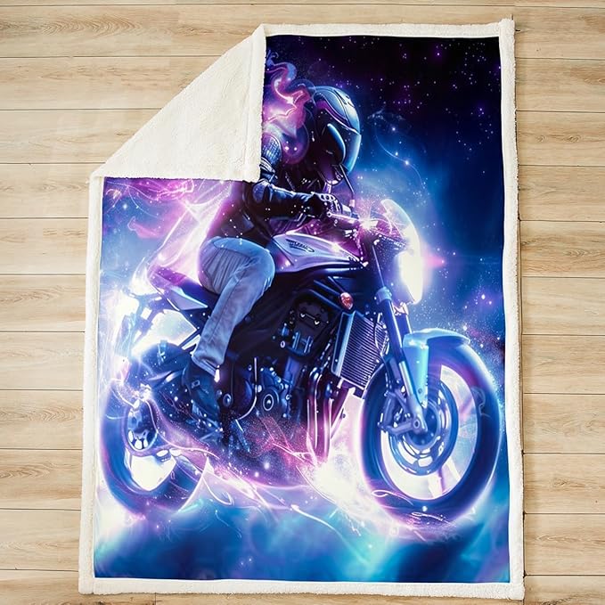 Extreme Sports Blanket Motorcycle Rider Printed Fleece Throw Blanket for Bed Couch Sofa Teens Modern Cool Motorbike Pattern Home Decor Sherpa Blanket Kids Boys Dirt Bike Plush BlanketKing 87"x95"