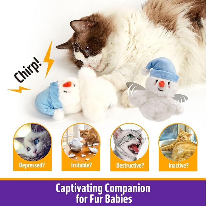 Interactive Christmas Cat Toys, Flapping Snowman Cat Toys, Lifelike Bird Chirp, USB Rechargeable Catnip Toy for Bored Indoor Cats Chase Exercise, 3 Modes