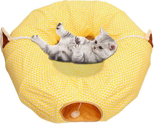 Andiker Cat Tunnels for Indoor Cats with Mat, 2 in 1 Collapsible&Zipper Detachable Soft Cat Bed with A Plush Ball Hideout Cat Interactive Toy Easy to Wash and Clean for All Seasons (Yellow, Round)
