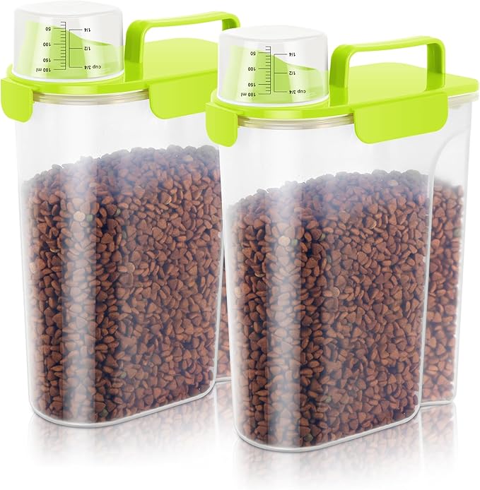 10 LBS Pet Storage Container Portable with Upgraded Large Spout and Cup,Plastic Dog Cat Food Dispenser for Small Animal Kibble, Bird Seed,Oatmeal,Rice,flour,brown sugart-2 Pack Sunshine Green