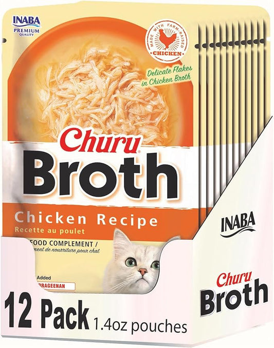INABA Churu Broth for Cats, Creamy Broth with Shredded Chicken Side Dish Pouch, 1.4 Ounces per Pouch, 12 Pouches, Chicken Recipe