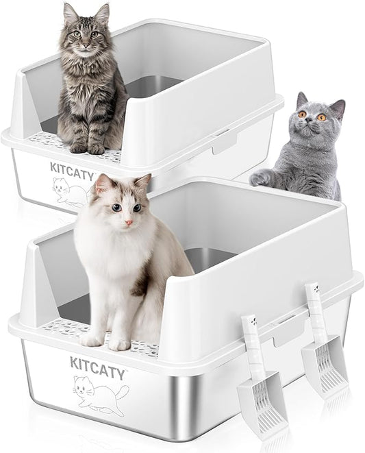 2PACK Stainless Steel Litter Box, Metal Litter Box with Lid High Sides, XL Extra Large Litter Box for Big Cats, Never Absorbs Odors, Leak-Proof, Stain-Free, Easy to Clean, Scoop Included（White）