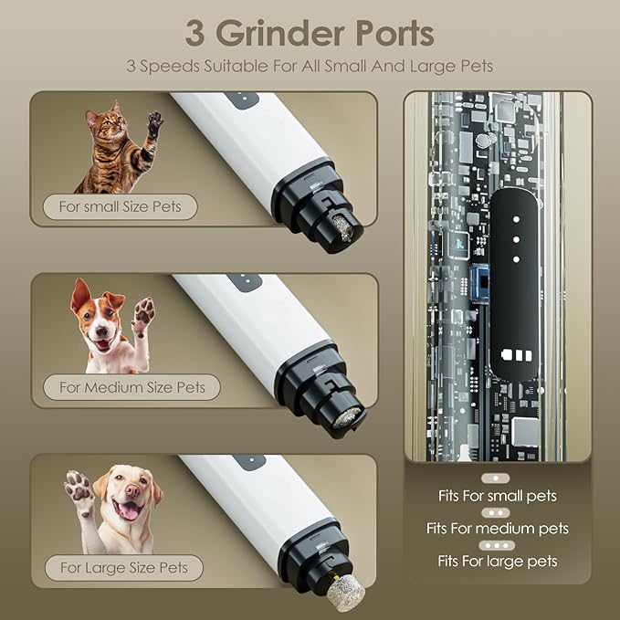 Dog Nail Grinder, Upgrade IP67 Waterproof 3-Speed LED Light-Small Medium and Large Cat and Dog Nail Trimmers Super Quiet, Rechargeable Pet Painless Nail Grinder, White