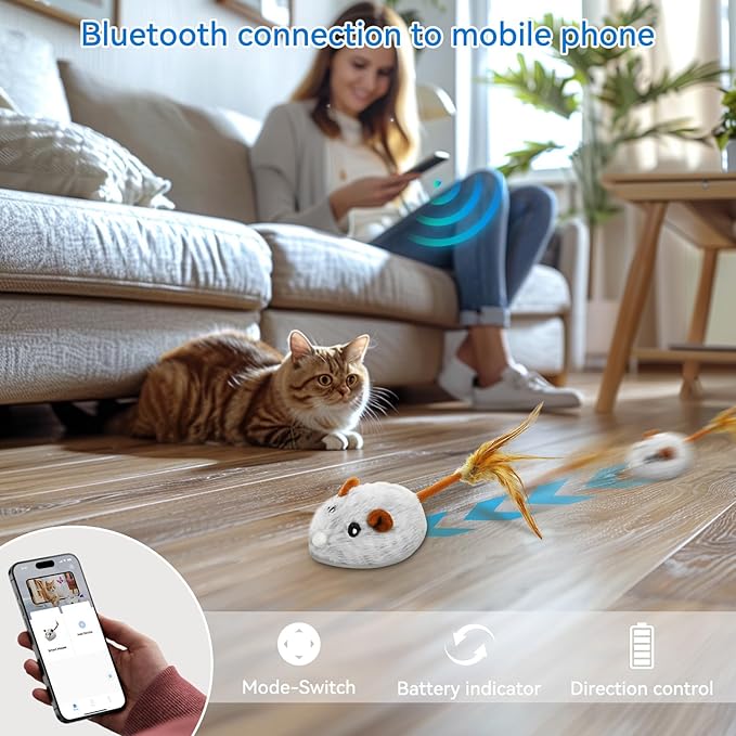 Cat Toys APP Bluetooth Smart Cat Mouse Toys Electronic Interactive Hunting Cat Toy for Indoor Mice Toys Automatic Moving Remote Control Cat Toy Exercise Cat for Bored Indoor USB Rechargeable（Gray）