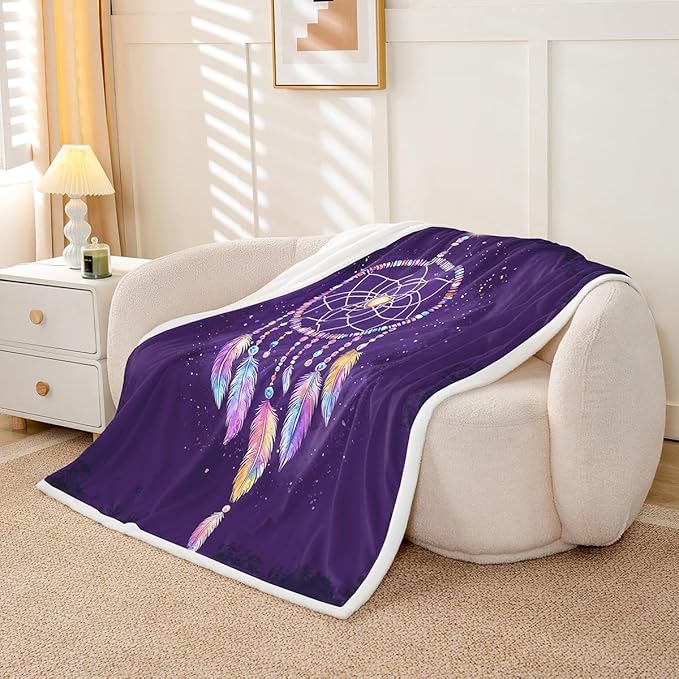 Luxury Dreamcatcher Plush Blanket Boho Dream Catcher Decor Sherpa Blanket Colorful Feather Fleece Throw Blanket for Sofa Couch Bed Room Decor Native American Purple Fuzzy Blanket King 87x95 Inch