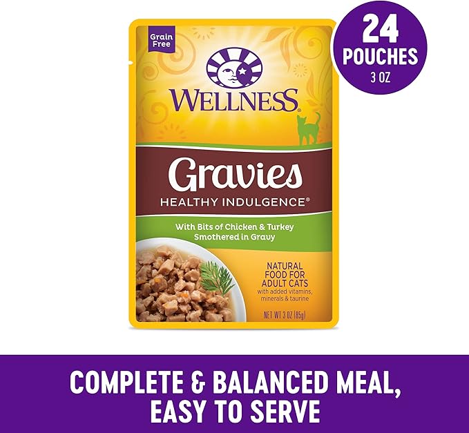 Wellness Healthy Indulgence Gravies Grain-Free Wet Cat Food, Made with Natural Ingredients and Quality Proteins, Complete and Balanced Meal, 3 oz Pouches (Chicken & Turkey in Gravy, 24 Pack)